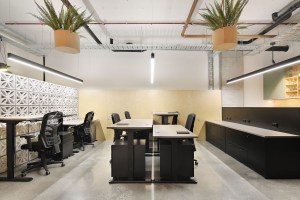 Custom height adjustable desks in an open plan office