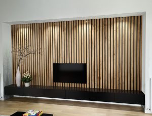 Black Entertainment Unit with Oak Wall Panelling
