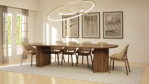 Custom Made D-End Shaped Walnut Dining Table, matching fluted detailed legs with brass trim top and bottom