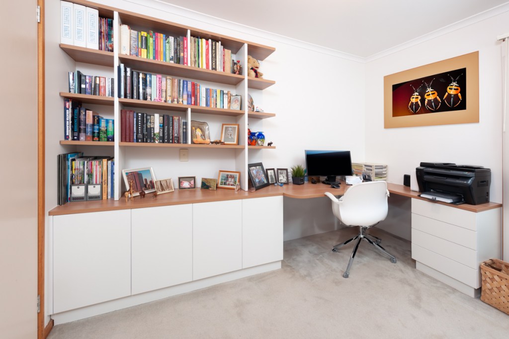 Custom Home Office Corner Desk with Integrated Bookcase White and Timber Look Laminate C-139
