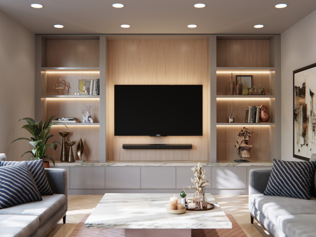 Timber wall panel backing with floating shelves and built in entertainment unit with a marble top
