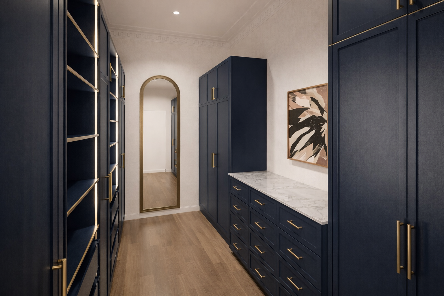 Dark Navy Walk in robe with gold accents and handles